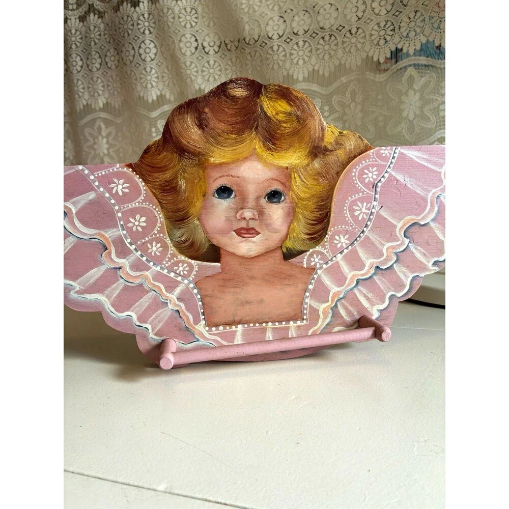 Vintage Signed ‘84 Angel Plaque with Rack Holder Folk Art Cottagecore Nursery